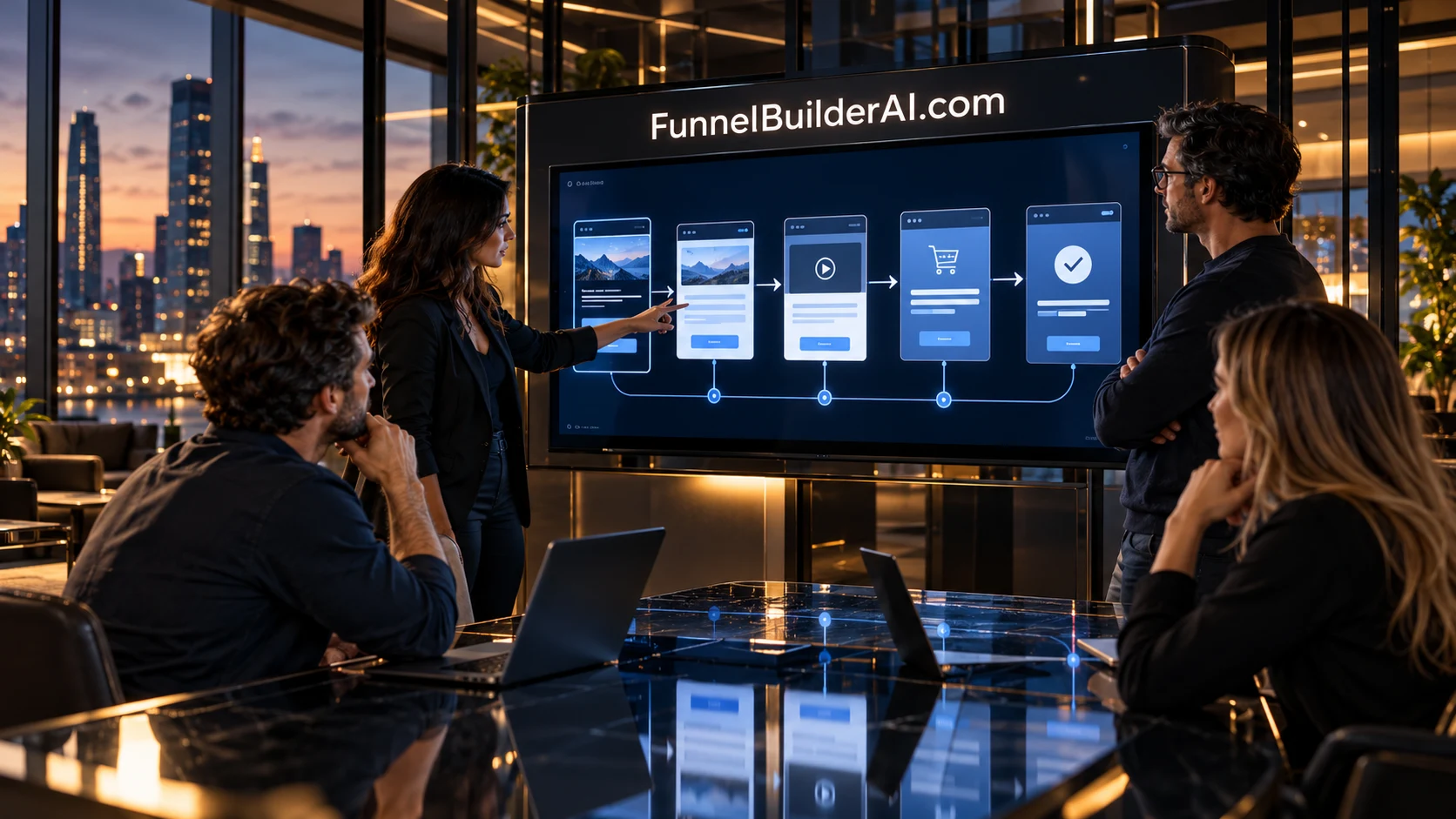 A product team reviewing a digital funnel in a contemporary studio